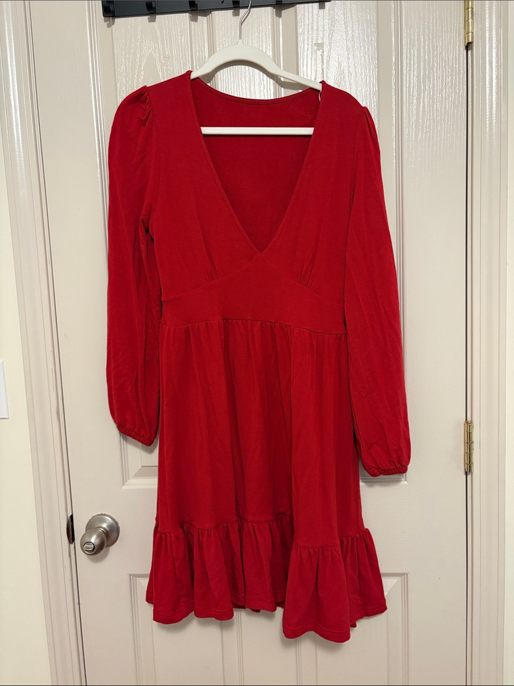 HALARA Red V-Neck Long Sleeve Ruffle-Hem Dress